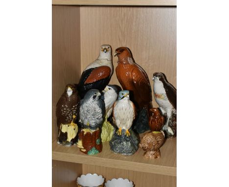 NINE ROYAL DOULTON AND BESWICK LIQUEUR FLASKS / DECANTERS, the Royal Doulton comprising Fish Eagle, White &amp; Mackay Golden