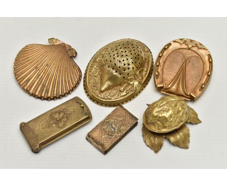 SIX BRASS 'W. AVERY &amp; SON REDDITCH' ITEMS, including a horseshoe needle case, a walnut on a leaf case, a scallop shell ne