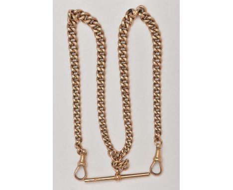 A YELLOW METAL ALBERT CHAIN, graduated curb link chain each link stamped 9c, fitted with two lobster clasps and a T-bar, stam
