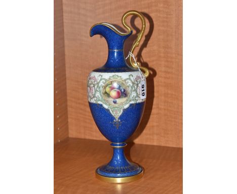 A ROYAL WORCESTER EWER OF CLASSICAL FORM, shape no. 2711, ovoid body with pedestal base, powder blue and gilt ground with a b