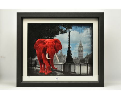 LARS TUNEBO (SWEDEN 1962) 'WESTMINSTER WANDERER', a signed limited edition print on board depicting a red elephant in London,