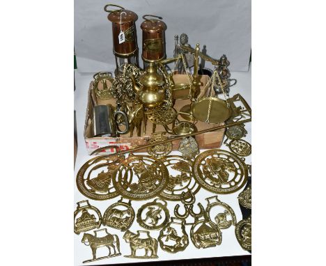 A BOX OF BRASSWARE, to include a Cambrian  No. 230291 miner's lamp by E .Thomas &amp; Williams Ltd. an Aberaman Colliery seri