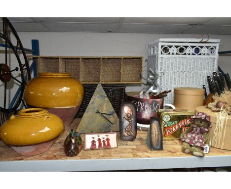 A COLLECTION OF DECORATIVE AND HOUSEHOLD ITEMS, to include a white wicker laundry basket, three mid twentieth century copper 