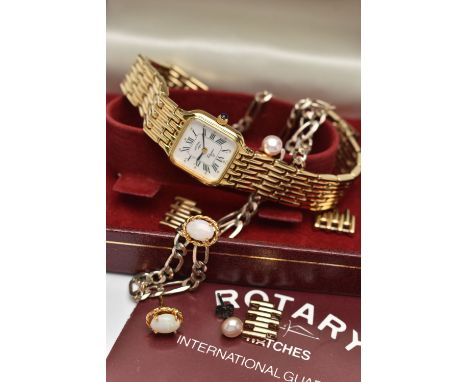A LADYS 'ROTARY' WRISTWATCH AND OTHER ITEMS, gold plated Rotary Elegance, a white metal figaro chain necklace, stamped 925, a