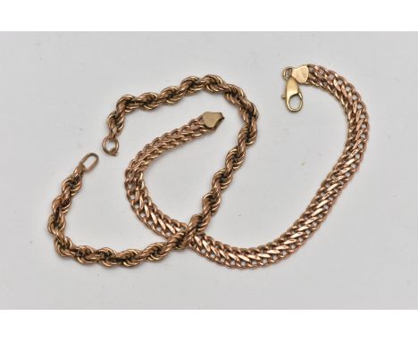 TWO 9CT GOLD CHAIN BRACELETS, the first an AF yellow gold rope chain bracelet, hallmarked 9ct London import, approximate gros