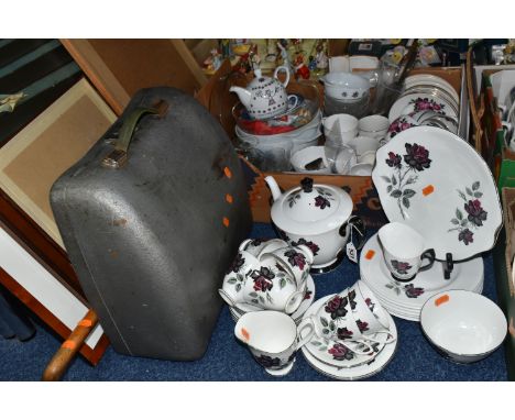 A BOX AND LOOSE CERAMICS, GLASS AND SUNDRY ITEMS, to include a twenty nine piece Royal Albert Masquerade tea set, a cased Oly
