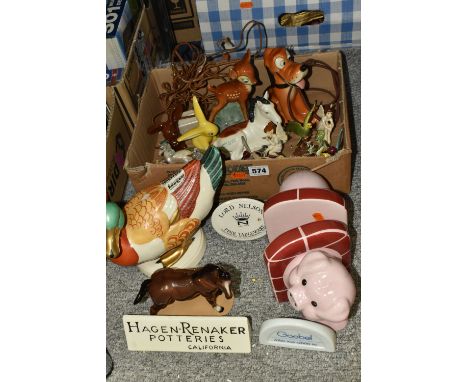 ONE BOX OF GOELBEL AND CARLTON WARE FIGURES, to include Carlton Ware  piggy book ends, a large Goebel 'Duck' 32- 054 figure, 