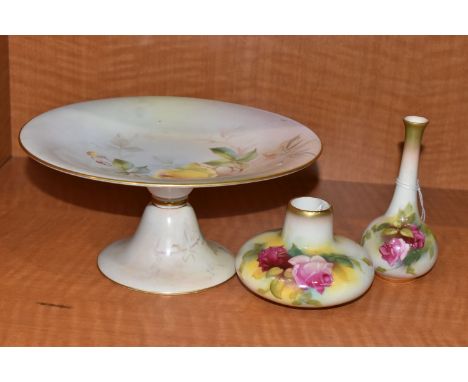 THREE PIECES OF ROYAL WORCESTER PORCELAIN, comprising a comport painted with roses, iron red no. W 6934 to the base, date cyp