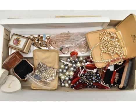 A BOX OF ASSORTED JEWELLERY, to include two 'Ciro' imitation pearl necklaces, fitted with yellow metal clasps, stamped 9ct, a