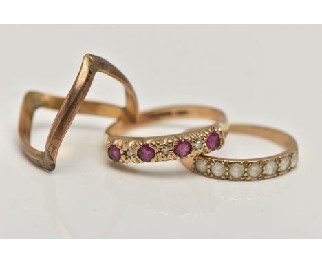 TWO 9CT GOLD GEM SET RINGS AND A ROLLED GOLD RING, the first  set with four circular cut rubies interspaced with three single