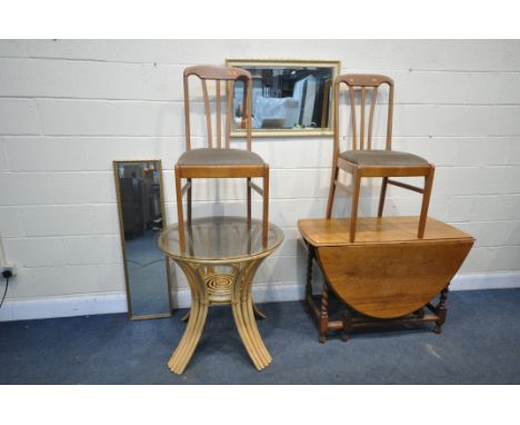 A SELECTION OF OCCASSIONAL FURNITURE, to include an oak gate leg barley twist table, two mid-century chairs, a cane conservat