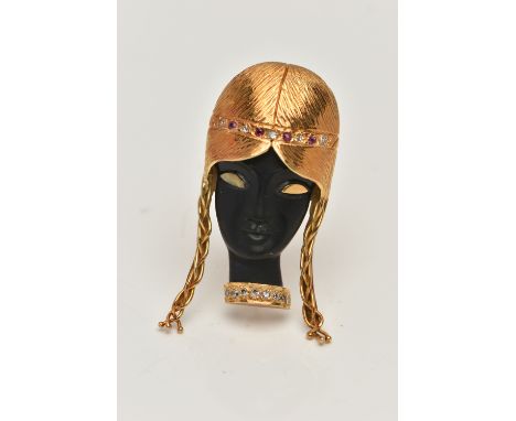 AN 18CT GOLD BLACKAMOOR STYLE BROOCH, depicting a front profile of a lady, headband set with a row of alternating rubies and 