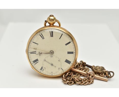 AN 18CT GOLD OPEN FACE POCKET WATCH, key wound, round cream dial, Roman numerals, subsidiary seconds dial at the six o'clock 