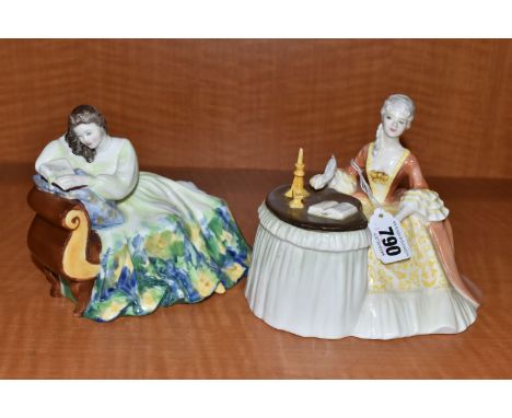 TWO ROYAL DOULTON FIGURINES, comprising Meditation HN2330 (top of table very scratched, candlestick and inkwell have been res