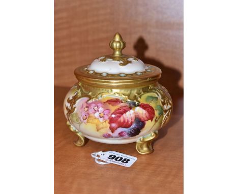 A ROYAL WORCESTER POT POURRI AND COVER PAINTED WITH AUTUMNAL FOLIAGE BY KITTY BLAKE, signed, shape no. H183, date cypher for 