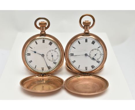 TWO GOLD PLATED FULL HUNTER POCKET WATCHES, the first a hand wound movement, round white dial, Roman numerals, subsidiary sec