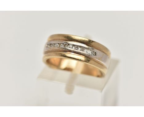 A 9CT GOLD WIDE BAND RING, bi-colour wide band, set with a row of channel set single cut diamonds, stamped diamond weight 0.1
