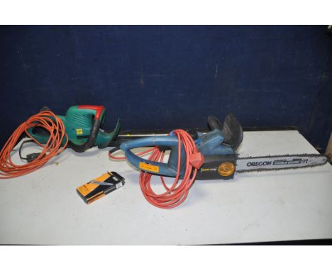 A BOSCH 480-24-T ELECTRIC HEDGE TRIMMER with blade guard and a Workzone KSI 2200 electric chainsaw and a spare blade (both PA