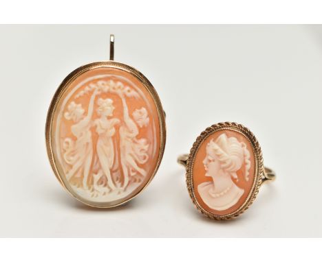 A CAMEO BROOCH AND RING, an Italian yellow metal brooch and pendant, set with a shell cameo depicting The Three Graces, stamp
