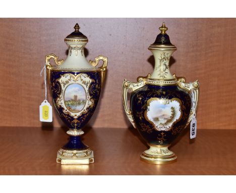 TWO EARLY 20TH CENTURY COALPORT TWIN HANDLED VASES AND COVERS IN BLUE PALE YELLOW AND GILT, hand painted vignettes of Highlan