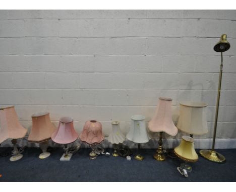 A SELECTION OF TABLE LAMPS, of various styles, and materials, and a brassed reading lamp all with fabric shades (9)
