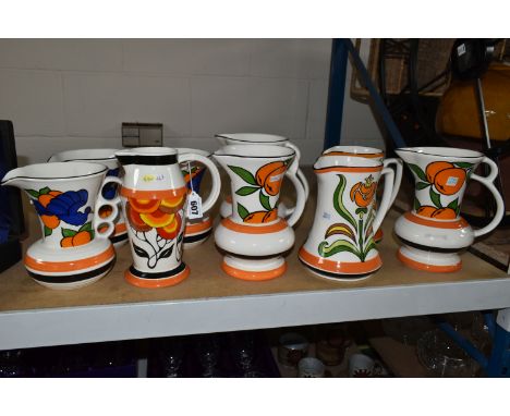 NINE WADE JUGS FROM THE GALLERY COLLECTION, each inspired by 1930s Wade Heath designs, comprising Sunburst, two x Nouvelle, t