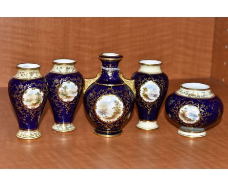 FIVE EARLY 20TH CENTURY SMALL COALPORT VASES, all with blue, pale yellow and gilt grounds, comprising a pair of baluster vase