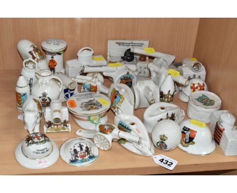 A COLLECTION OF ASSORTED CRESTED WARE, decorated with WW1 detail, comprising a Clifton china Tommy's steel helmet with a City