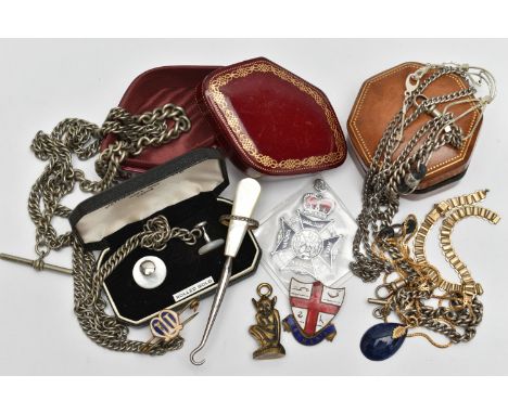 A BAG OF ASSORTED ITEMS, to include a button hook, three albert chains, a glasses chain, a rolled gold watch bracelet, two tr