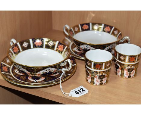 SIX PIECES OF ROYAL CROWN DERBY IMARI 1128 DINNER WARES, comprising two twin handled soup bowls and saucers, with two small b