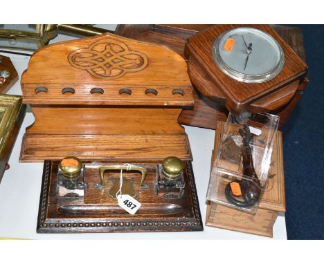 A GROUP OF TREEN, to include a Victorian sarcophagus form tea caddy in need of some attention, height 18cm x width 33.5cm x d