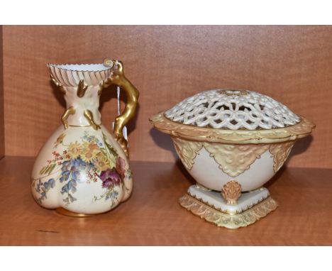 TWO PIECES OF ROYAL WORCESTER PORCELAIN, comprising a blush ivory jug with shell lip and coral handle, shape no. 1507, printe