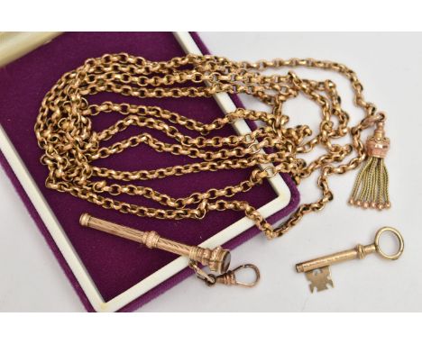 A YELLOW METAL LONGUARD CHAIN WITH WATCH KEY AND PROPELLING PENCIL, textured belcher link chain, unmarked, suspending a yello