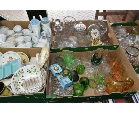 FIVE BOXES OF CERAMICS AND GLASSWARE, to include two J&amp;G Meakin  'Aztec' coffee sets, a Colclough 'Stardust' tea set, a W