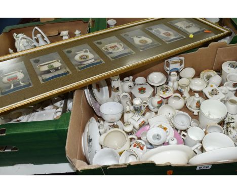 THREE BOXES OF CRESTED WARES ETC, to include vases, jugs, monuments, pot lids etc, brands include Arcadian, Grosvenor, Carlto