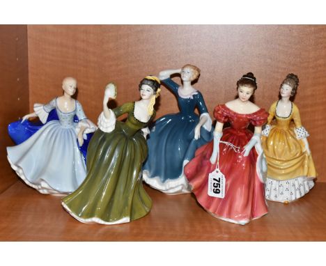 FIVE ROYAL DOULTON LADY FIGURES, comprising 'Coralie' HN2307, 'Winsome' HN2220, 'Simone' HN2378, 'Tina' HN3494 and 'Dulcie' H