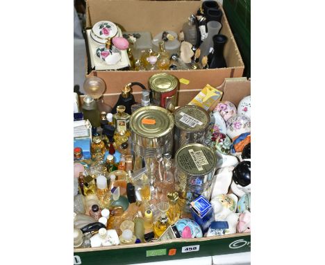 TWO BOXES OF PERFUME BOTTLES AND POMANDERS, to include over eighty perfume bottles, mostly empty, some having partial content