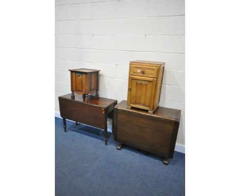 A OAK LINENFOLD BEDSIDE CABINET, along with an oak gate leg table, Victorian mahogany gate leg table, and a fall front cabine