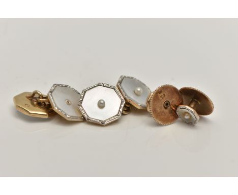 A PAIR OF CUFFLINKS AND TWO DRESS STUDS, the cufflinks each designed with two mother of pearl panels set with small pearls, m