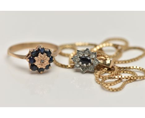 A 9CT GOLD NECKLACE AND YELLOW METAL RING, oval cut sapphire set with eight single cut diamonds, leading on to a tapered bail