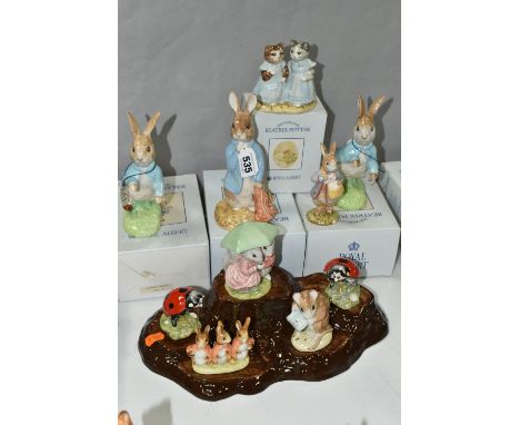 A GROUP OF ROYAL ALBERT AND BESWICK BEATRIX POTTER FIGURES ETC, comprising two large boxed Beswick 100th anniversary 'Peter R