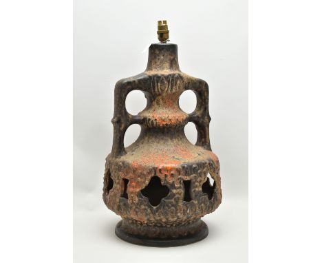 A WEST GERMAN STEIN KERAMIK 119-50 FAT LAVA GLAZED LAMP BASE, orange, brown and black glazes, impressed marks to the base, he