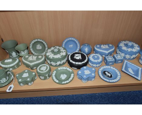 A COLLECTION OF WEDGWOOD JASPERWARE, twenty nine pieces, mainly in pale blue and sage green, to include a footed pale blue va