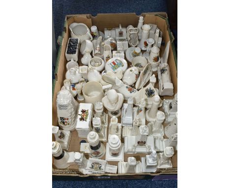 A BOX OF OVER FIFTY CRESTED WEAR ITEMS,  to include maker's names Carlton china, W.H Goss, Arcadian, Rita, etc. to include cr