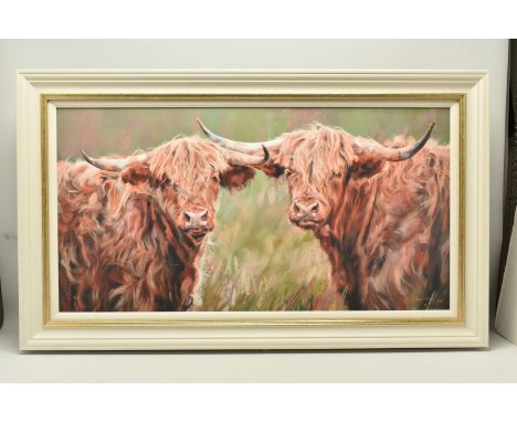 DEBBIE BOON (BRITISH CONTEMPORARY) 'COMPANIONS', a signed artist proof print on board depicting two Highland Cows, 9/10 with 