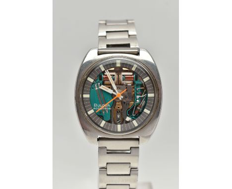 A 'BULOVA ACCUTRON' 'SPACEVIEW' WRISTWATCH, quartz movement, round dial visible movement, baton markers, glass signed 'Bulova