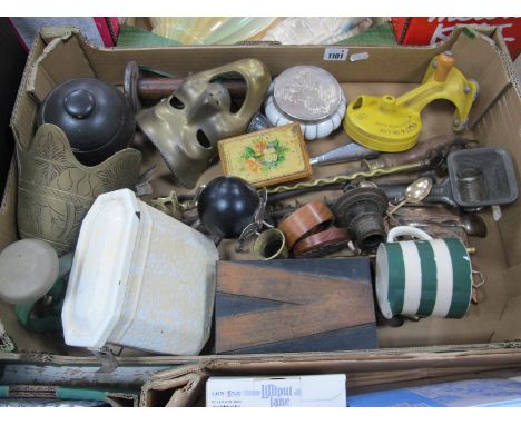 Enamel Kitchen Storage Jar, of octagonal form, brass temple bell, bean slicer, other kitchenware etc:- One Box.