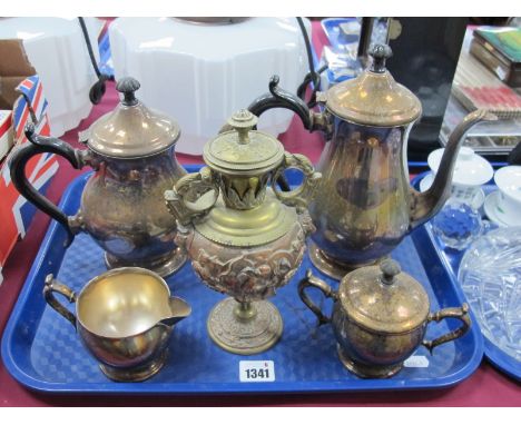 A XIX Century Brass Copper Vase, decorated with raised figures, ram's head, plated four piece tea coffee service:- One Tray