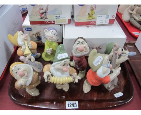 Nao Porcelain Disney Figure of Seven Dwarves, five with boxes (7):- One Tray.