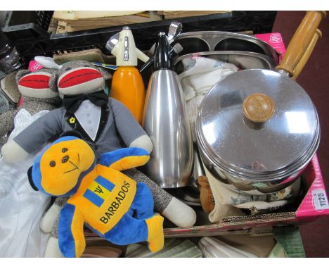 Kitchen Pans, Cavalier stainless steel dishes, soda syphons, sock monkeys, hanging tapestry, etc:- One Box